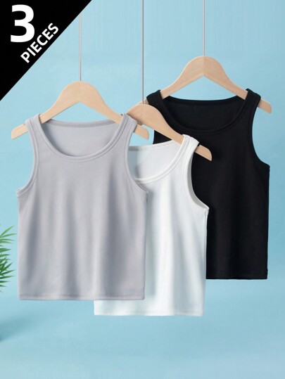 3pcs/Set Young Boy Thin Sleeveless Tops, Suitable For 4-12 Years Old Kids Summer Use
