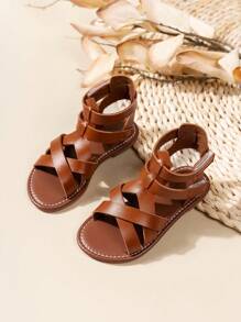 1 para dziewczęcych/maluchów swobodnych sandałów z rzepem i tkanym PU, letnie kapcie plażowe z odkrytymi palcami, antypoślizgowe płaskie buty, nowy projekt 2025