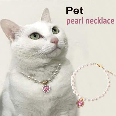 1 pieza Collar de perlas para mascota, collar de gato o perro con colgante de cristal con forma de corazón