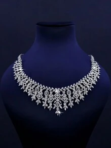 5 pièces Série royale de luxe Ensemble de bijoux de mariage à design de feuille, comprenant un collier, un bracelet, des boucles d'oreilles, une bague, sertis de cubic zirconia. Convient pour un port quotidien et un mariage. Cadeau pour l'anniversaire (boîte cadeau premium incluse)