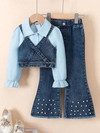 3 件套年轻女孩时尚纯色长袖衬衫 + 牛仔背心 + 铆钉牛仔长裤