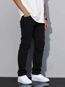 Men's Slim Fit Straight Leg Washed Jeans, Personalized Pattern Casual Trouser With Slant Pockets For Couples Matching - Black - View 3