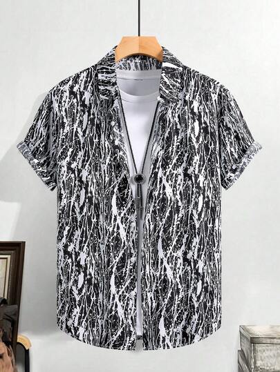 Men's Casual Black & White Striped Short Sleeve Shirt, Lightweight, Suitable For Summer Holidays