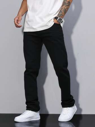 男士修身直筒水洗牛仔裤，个性图案休闲裤，斜插口袋，情侣装