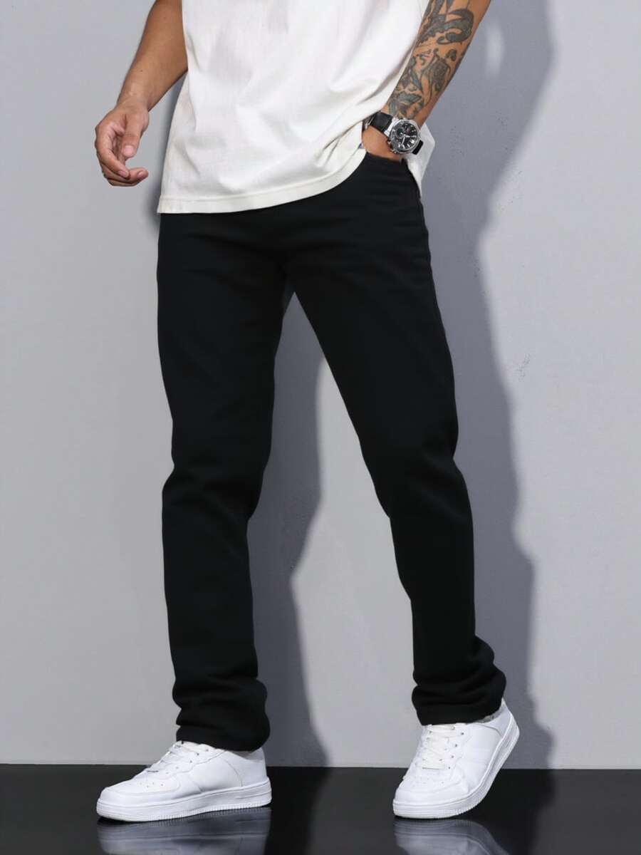 Men's Slim Fit Straight Leg Washed Jeans, Personalized Pattern Casual Trouser With Slant Pockets For Couples Matching - Black - View 1