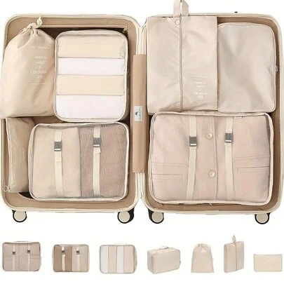 7-11件旅行收纳套装，包括防水洗漱包、化妆包、内衣袋、鞋袋、内衣和袜子收纳袋、防水压缩袋、可折叠衣物收纳袋，适用于行李、旅行、夏季收纳