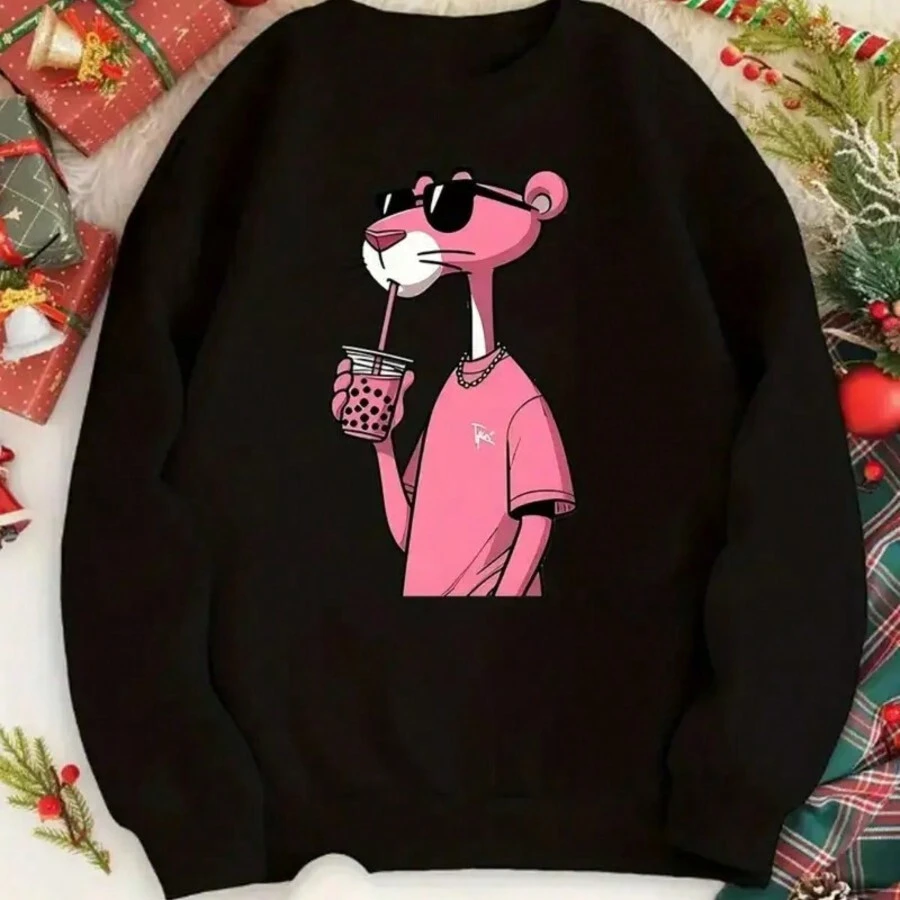 Unisex Round Neck Casual Flannel Pink Panther Sweatshirt Top - Black - View 1