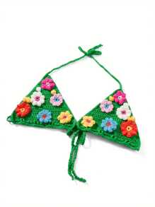 Women Knitted Two Piece Bikini Swimsuit Sexy Bathing Suits Crochet Flower Halter Triangle Tops String Bikini Sets Beachwear - Green - View 4