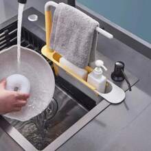 Kitchen Sink Organizer Telescopic Sink Shelf Soap Sponge Holder Towel Hanger Sink Drain Rack With Drainer Basket Kitchen Gadgets - Black - View 6