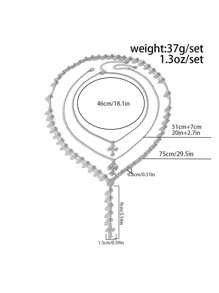 3pcs Vintage Punk Multilayer Metal Silver Cross Decor Y-Necklace, Men's Fashionable Beaded Necklace Set, Hip-Hop Style