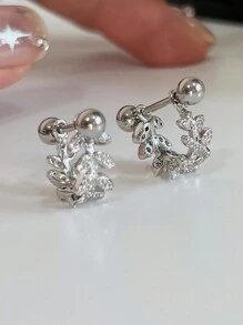 Nooxian 1 对女士耳环，铜锆石水晶枝叶螺丝耳钉，日常配饰和礼品 - 銀色 - 查看 3