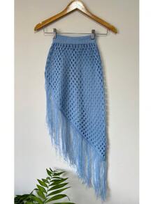 Skirt Knitted Beach Cover-Up With Fringes. - Màu xanh lam - Xem 1