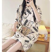 COTOLO Conjunto de 4 piezas de ropa informal para el hogar para mujer, cuello redondo, manga corta, pantalones largos, pantalones cortos y camisón, ligero y transpirable, con estampado lindo multicolor a la moda - Blanco y Negro - Ver 4