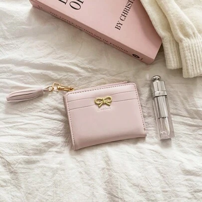 Billetera corta con decoración de borlas y moño, estilo coreano simple, billetera de mujer al por mayor, monedero pequeño