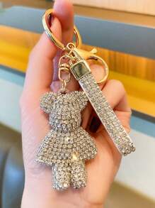1pc Rhinestone Studded Bear Key Chain, Cute Creative Detailed Bear Car Key Holder Pendant For Women Car Accessories Bag Charm School