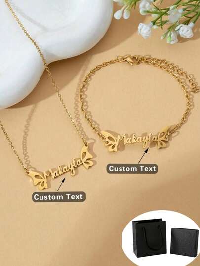 2PCS Personalize Customized Mother's Day Gift Baby Jewelry Boys And Girls Silver/Gold Color Minimalist Butterfly-Shaped Name Necklace & Name Bracelet Set, Customized 18k Gold Plated Kids Children Stainless Steel Name Jewelry