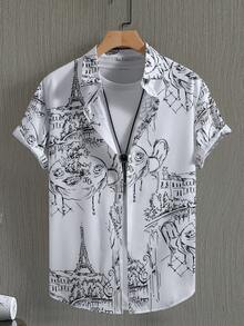 Men's Casual Short Sleeve Graffiti Printed Shirt, Summer - Black and White - View 1