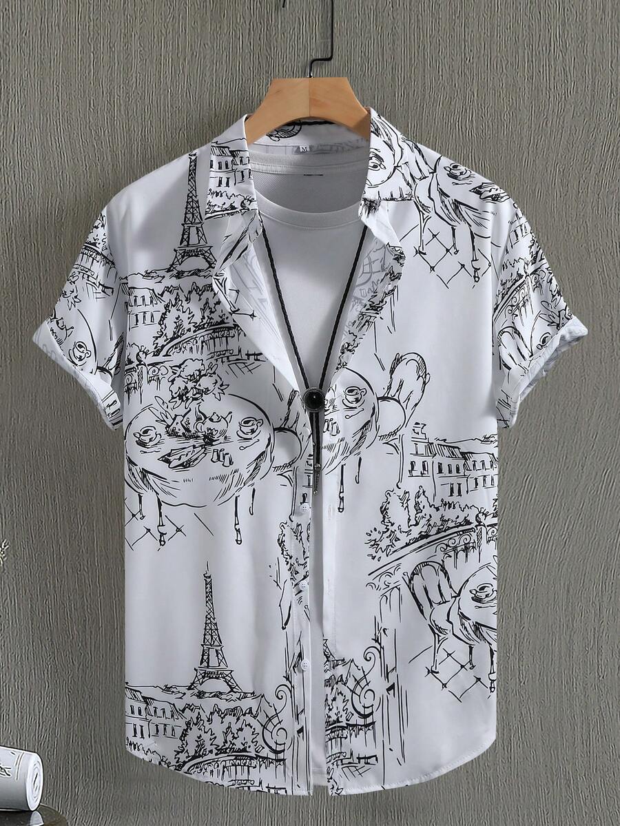 Men's Casual Short Sleeve Graffiti Printed Shirt, Summer - Black and White - View 1