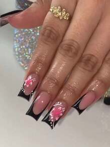 24Pcs Hibiscus Flowers Press On Nails Medium Square Shaped Fake Nails With Black French Tip Design False Nails Full Cover Nude Pink Sticks On Nails Glossy Glue On Nails For Women Manicure Nail Decor