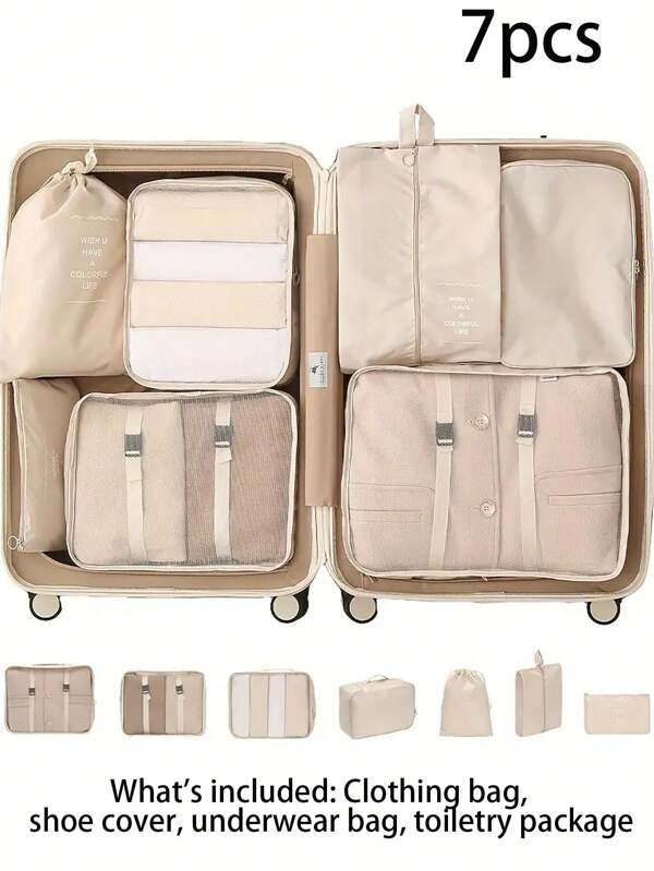 7-11pcs Travel Organizer Set, Including Waterproof Toiletry Bag, Cosmetic Bag, Underwear Bag, Shoe Bag, Underwear & Socks Organizer, Waterproof Compression Bag, Foldable Clothes Organizer, Suitable For Luggage, Travel, Summer Storage
