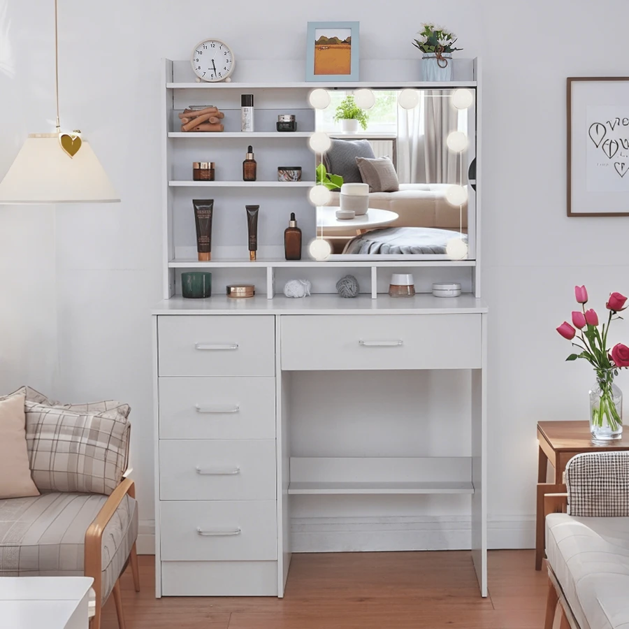 Bureau de coiffeuse Spa Classic, ensemble de spa de beauté, avec tiroir de rangement, avec étagère, avec miroir éclairé et lumière, lumière réglable, essentiels de beauté, cadeau de Saint-Valentin pour petite amie - Blanc FR - Voir 1