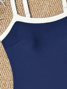 Đồ bơi nữ màu trơn dây mảnh ôm bụng, trang phục đi biển mùa hè và dự tiệc cho nữ, bộ đồ bơi liền thân đi biển năm 2026 cho nữ. - Màu xanh hải quân - Xem 4