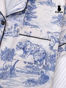 2 件加大码女式绘画风格印花睡衣套装，带翻领和纽扣的短袖衬衫和宽松弹力短裤睡衣套装，适合超重、派对、休闲家居和户外穿着，清凉浅蓝色