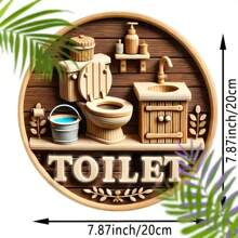1个精美8英寸x8英寸扁平金属“厕所”标志牌 - 复古浴室装饰，饰有马桶、洗手盆和树叶图案 - 适用于家庭、办公室和户外空间 - 无需电池，无需羽毛 - 完美礼物，无需用电，多功能悬挂装饰，孔位随机 - 彩色 - 查看 3