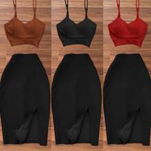Conjunto falda y top tirantes corte ajustado abertura femenina moderno - Amarillo Mostaza - Ver 4
