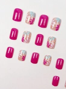 用24片短方形美甲片提升您的美甲风格，现代、时尚、清新可爱，浅蓝粉色花朵图案，温柔浪漫的粉色美甲，清新美丽的方形美甲，适合女性美甲用品，春夏美甲装饰+1片果冻胶+1条磨砂条 - 彩色 - 查看 5