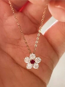 1 件优雅 925 纯银镀 19K 金红宝石项链，女士花卉设计奢华项链，适合日常、派对佩戴、生日礼物 - #1 - 查看 1