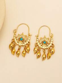 2 đôi bông tai hình ngôi sao vàng cổ điển với tua rua hình trăng khuyết, trang trí bằng đá ngọc lam giả, phù hợp cho trang phục hàng ngày, lễ hội và tiệc tùng của phụ nữ tại Dubai, Ả Rập Xê Út. - Vàng - Xem 8