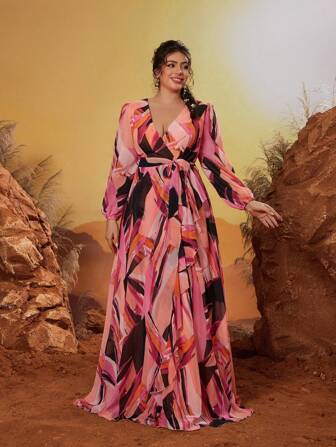 Nouvelle arrivée Mgiacy Robe de demoiselle d'honneur élégante à col en V, robe longue en mousseline de soie imprimée avec volant