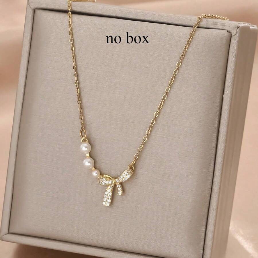 1pc Stainless Steel Bowknot Faux Pearl Pendant Necklace, Creative Design Simple Personalized Fashion Vintage Casual Fashionable Gift For Valentine's Day, Islamic New Year, Daily Wear, Street Party (OPP Bag & Gift Box For Shooting Only)