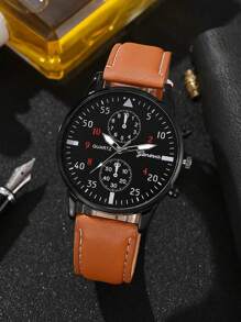 2 Peças Relógio De Quartzo Masculino Com Pulseira De Pu Preta Casual Estilo Empresarial, Adequado Para Viagens Diárias, Festas, Passeios