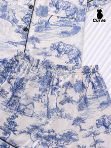 2 件加大码女式绘画风格印花睡衣套装，带翻领和纽扣的短袖衬衫和宽松弹力短裤睡衣套装，适合超重、派对、休闲家居和户外穿着，清凉浅蓝色