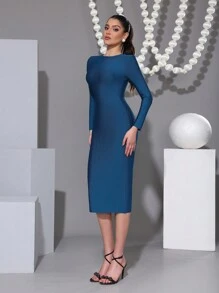 Gaun Midi Seksi Lengan Panjang dengan Resleting Besar di Belakang, Pas Badan, Cocok untuk Liburan dan Pesta - Royal Blue - View 8