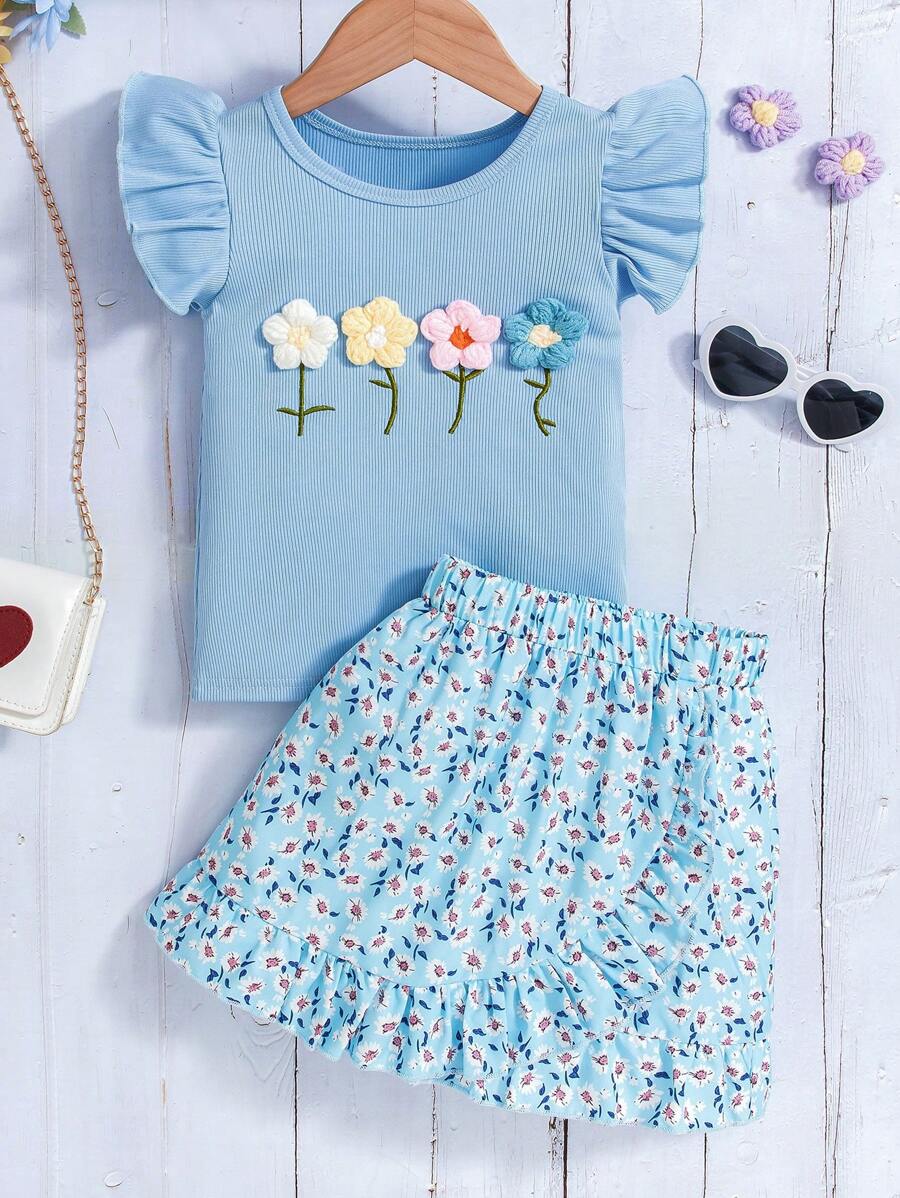 Young Girls Vacation Outfit 2pcs Set: Ditsy Floral Embroidery T-Shirt + Ruffle Hem Ditsy Floral Skirt, Sweet Style For Young Girl Ages 4-7, Spring/Summer Suitable For Outing And Photoshoot