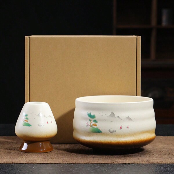 Japanese Style Ceremonial Matcha Tea Set, Including Bamboo Whisk, Matcha Bowl In Coarse Ceramics, Ramadan