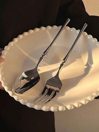 1pc Elegant Solid Small Waist Pasta Spoon & Fork Set, 304 Stainless Steel Material Dinner Spoon, Long Handle Soup Spoon And Fork Utensil Set, Home Use,School Supplies