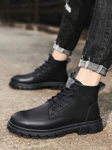 男士秋季靴子，黑色高帮真皮鞋，复古休闲英伦风徒步工装靴 - 黑色 - 查看 4