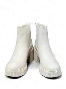 Leather Fabric Splicing High Thick Heel Thick Bottom Sleeve Chelsea Boots Women's Autumn Ankle Boots - Beige - View 6