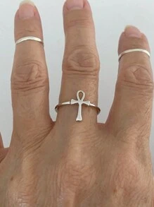 1pc Minimalist Classic Cross & Key Design Ring, Fashion Accessory For Daily, Party, Celebration, Holiday Gift For Women - Silver - View 2