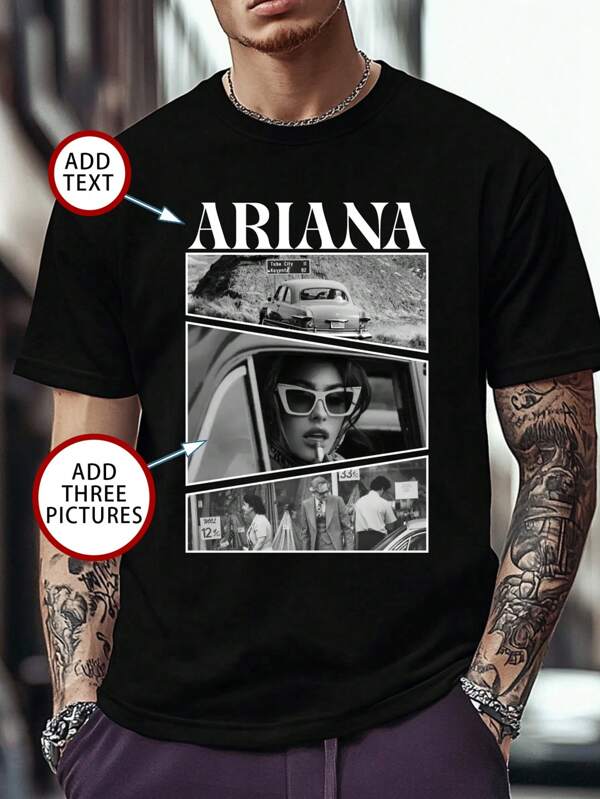 Camiseta de manga corta holgada personalizada para hombres. Añade tu propia foto y texto/logo para parejas, familia, mascotas, regalos, para esposo o novio. (Esposa/familia/amigo/fiesta/equipo/novia/ropa de trabajo/mascota/coincidencia de parejas/regalos/regalos de aniversario/regalo de cumpleaños/regalo de boda)