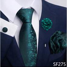 Juego de corbata de lujo para hombres con corbata floral negra y dorada, corbata de paisley, pañuelo de bolsillo, gemelos y broche para boda y fiesta - Dorado - Ver 7
