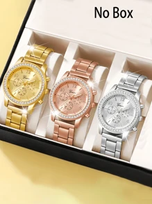 DQG 3 Pieces/Set Fashion Steel Band Watch Set, Exquisite Digital Dial Display, With Alloy Case, Rhinestone Design, Not Waterproof, Exquisite, Elegant, Fashionable Watch Set Combination, Perfect Choice For Gifting Family/Friends/Lovers