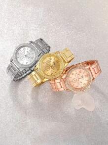 DQG 3 Pieces/Set Fashion Steel Band Watch Set, Exquisite Digital Dial Display, With Alloy Case, Rhinestone Design, Not Waterproof, Exquisite, Elegant, Fashionable Watch Set Combination, Perfect Choice For Gifting Family/Friends/Lovers