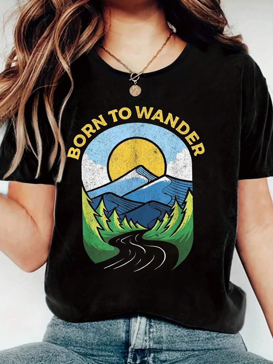 100% Cotton Born To Wander Outdoor Vintage Style Mountains Nature Funny Print Women's T-Shirt, Round Crew Neck Soft Short Sleeve T-Shirt For Spring Summer, Fun Graphic Tops T-Shirts For Women - 黑色 - 查看 1