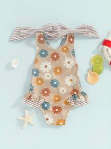 Toddler Kids Girls Swimsuit Floral Print Bowknot Shoulder Straps Beachwear Sleeveless Ruffles Summer Beach Bathing Suit - Màu Khaki - Xem 1