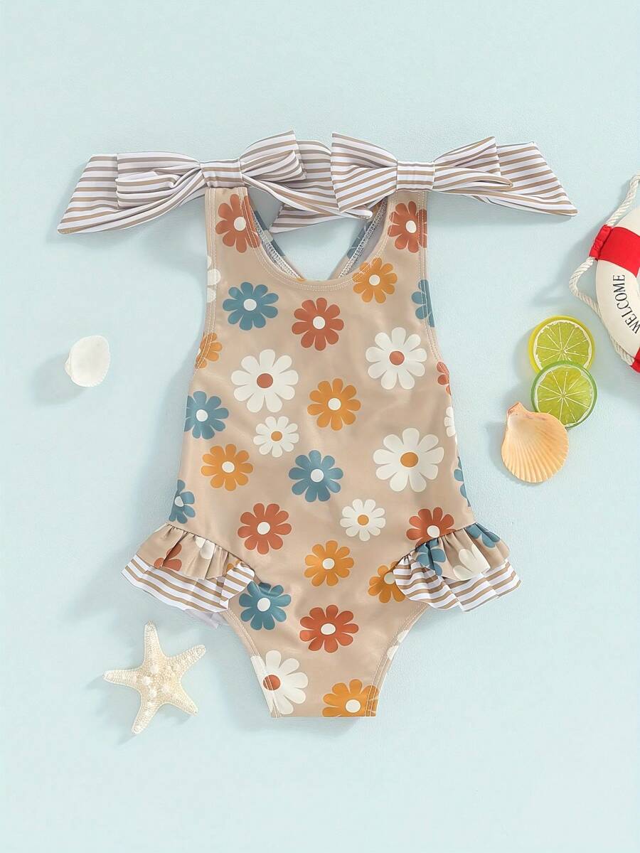 Toddler Kids Girls Swimsuit Floral Print Bowknot Shoulder Straps Beachwear Sleeveless Ruffles Summer Beach Bathing Suit - Màu Khaki - Xem 1